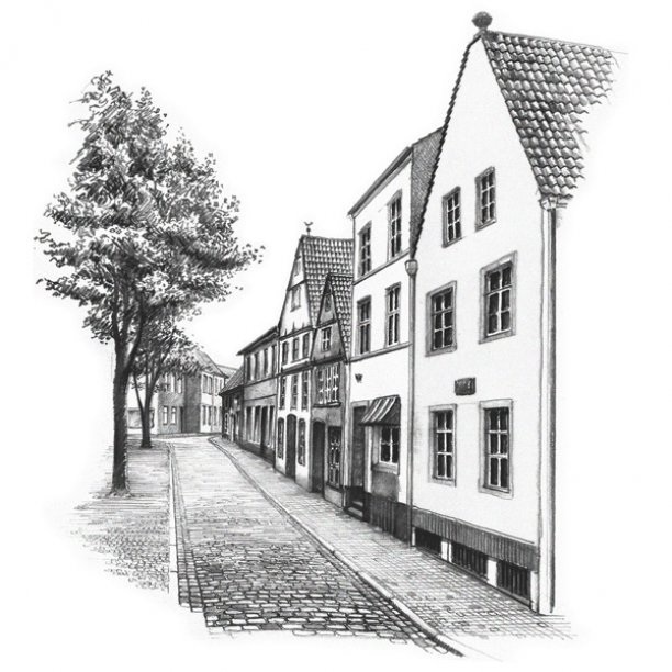 Pencil portrait drawing of a house in Bremen, Germany