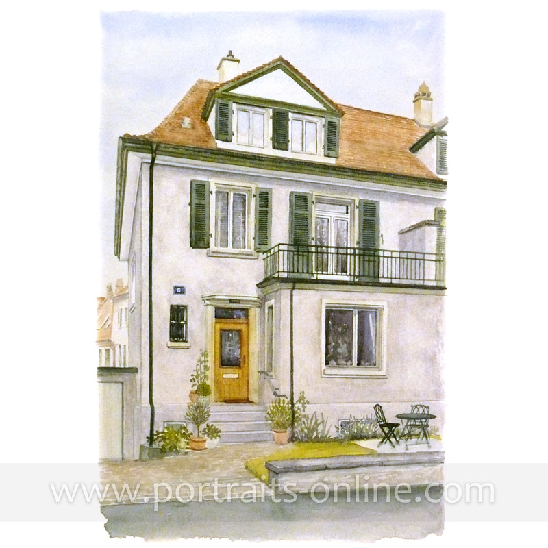 Custom watercolour painting of a house in Zurich