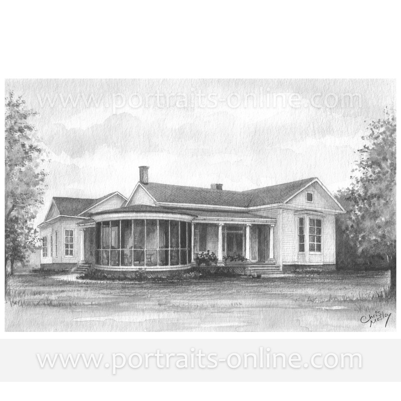 Custom house portrait drawing of an American house drawn from old damaged photos