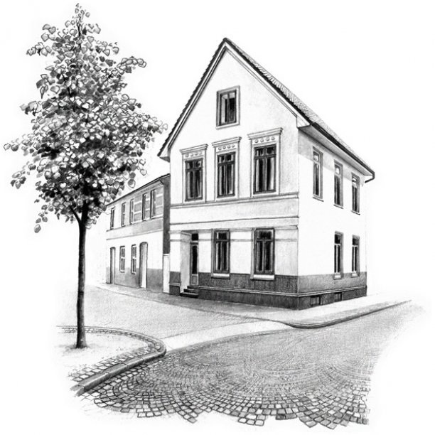 pencil drawing of a house and cobbled street