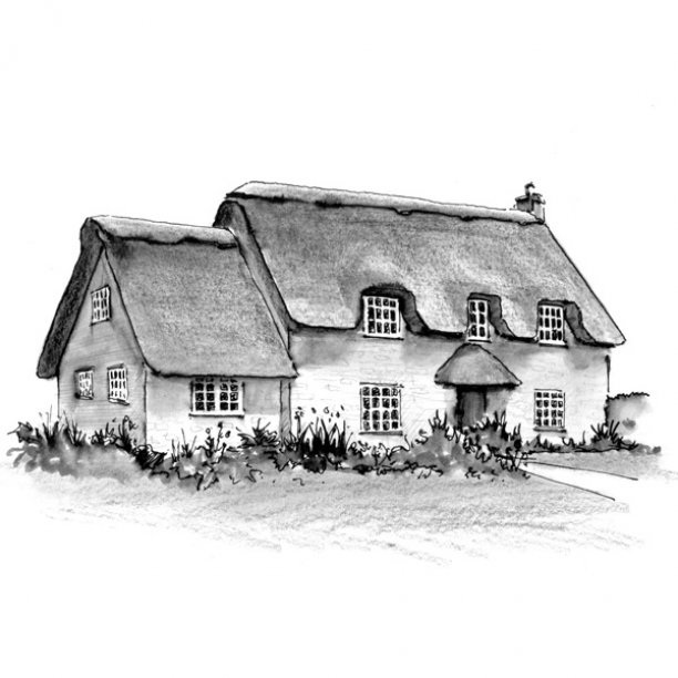 Pen and ink sketch of an old thatched cottage